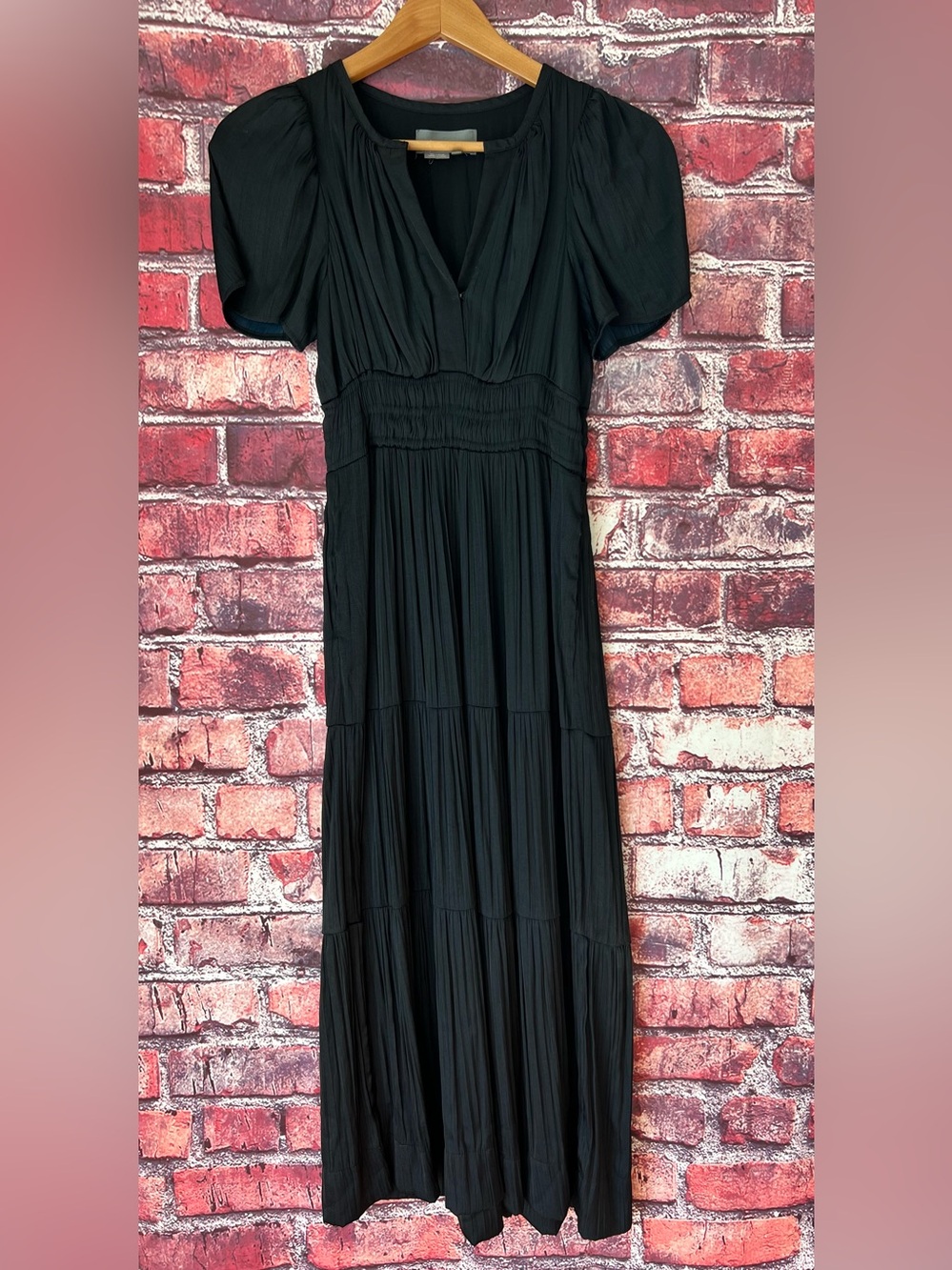 Anthropologie The Somerset Maxi Dress Black Satin Crepe Puff Sleeve